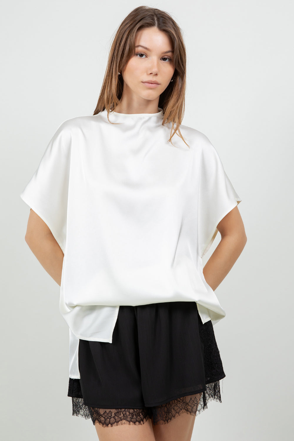 MINI COWL NECK SATIN SHIRT BLOUSE - IVORY