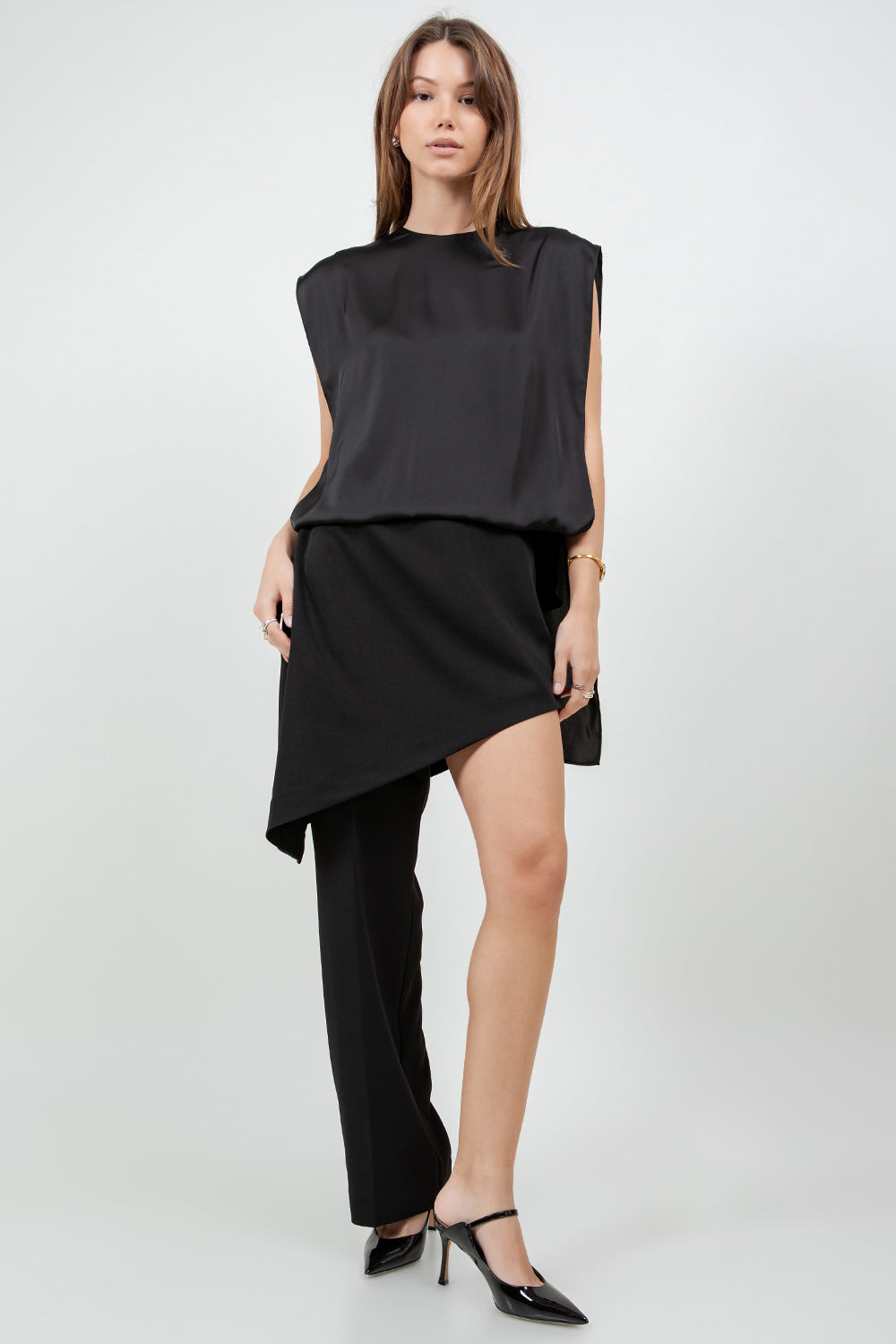 DOUBLE LAYER ASYMMETRICAL SATIN BLOUSE - BLACK