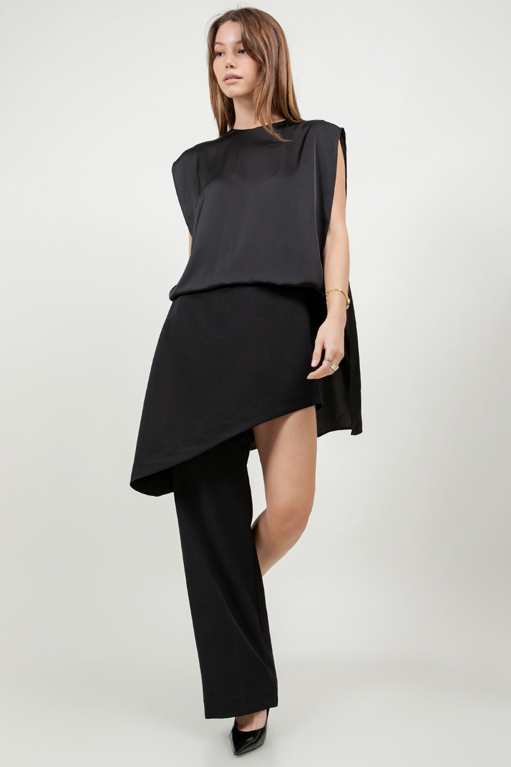 DOUBLE LAYER ASYMMETRICAL SATIN BLOUSE - BLACK