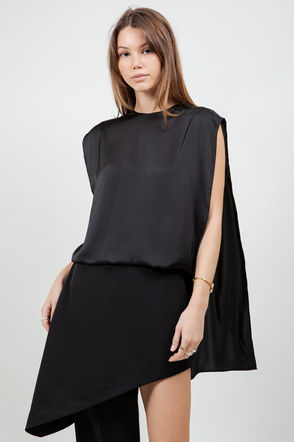 DOUBLE LAYER ASYMMETRICAL SATIN BLOUSE - BLACK