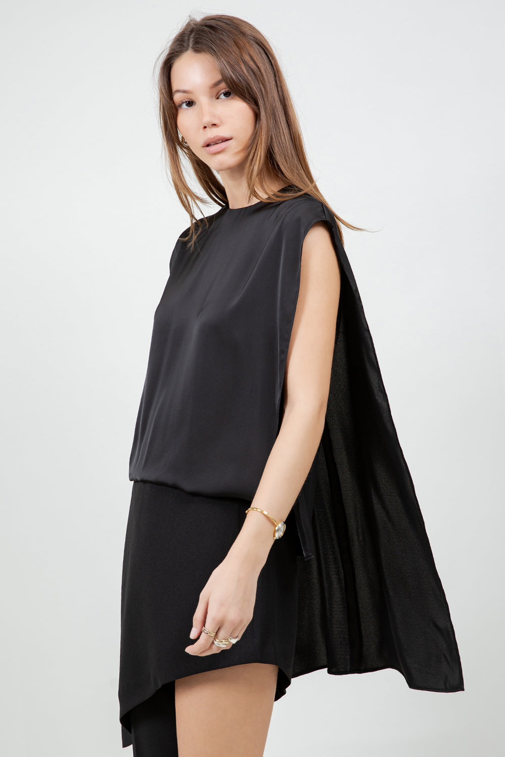 DOUBLE LAYER ASYMMETRICAL SATIN BLOUSE - BLACK