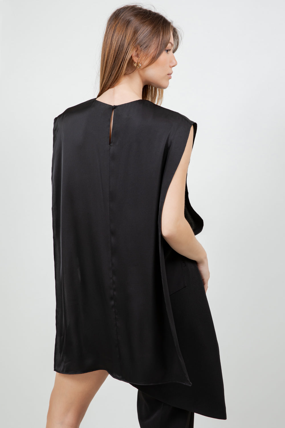 DOUBLE LAYER ASYMMETRICAL SATIN BLOUSE - BLACK
