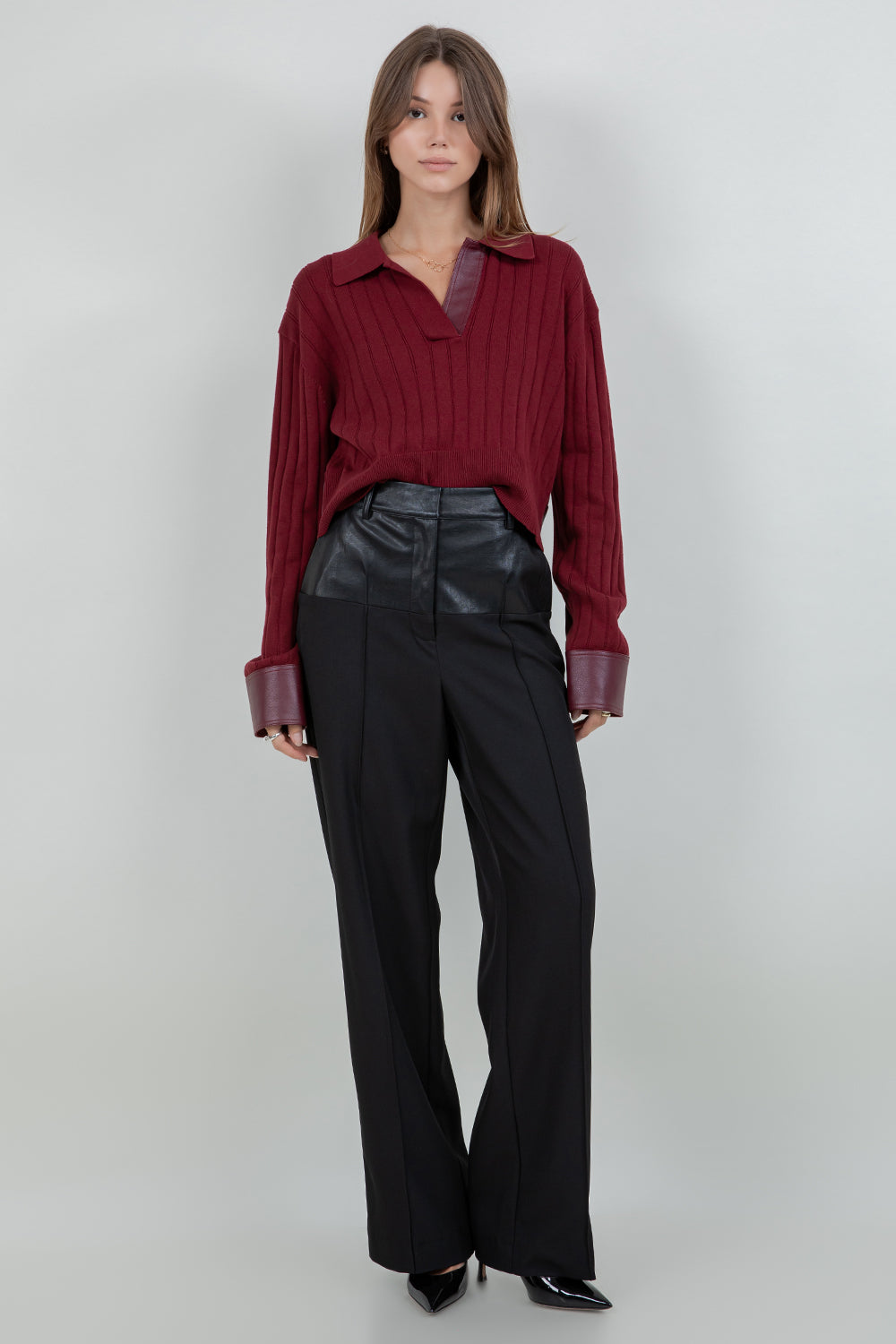 CONTRAST PU INSERTS KNITTED LONG SLEEVE SWEATER - Whiteroom+Cactus
