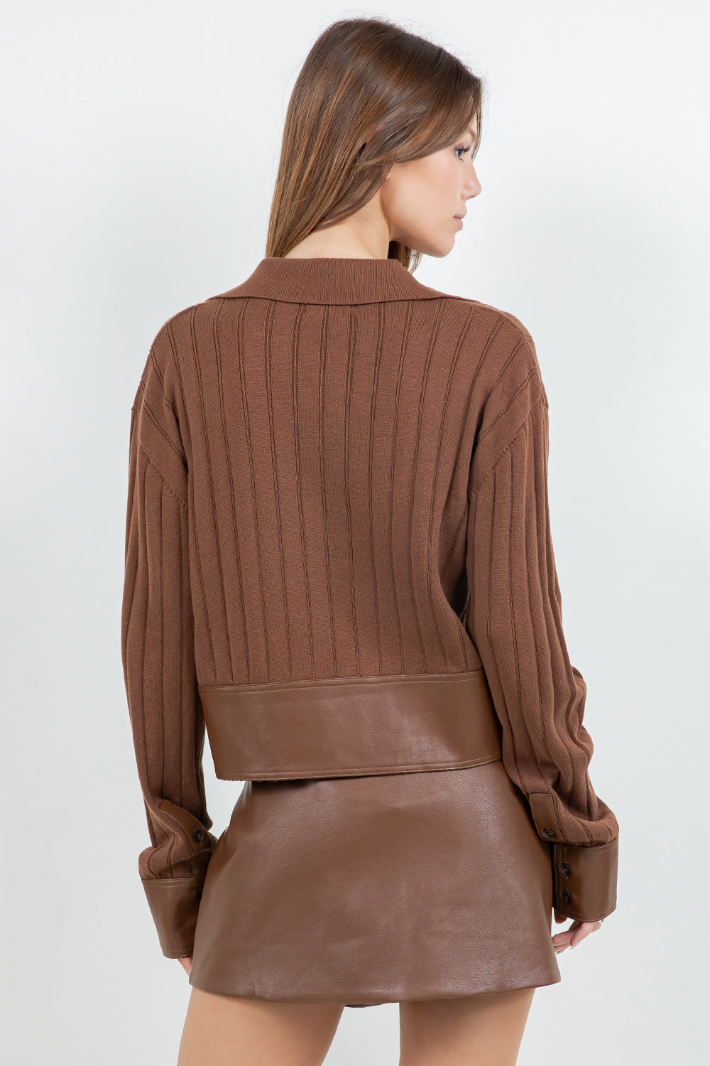 CONTRAST PU INSERTS KNITTED LONG SLEEVE SWEATER - BROWN