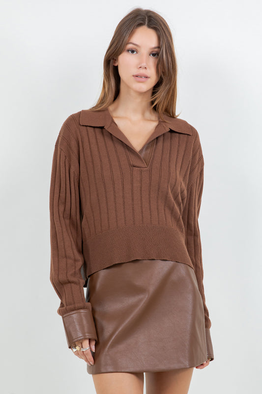 CONTRAST PU INSERTS KNITTED LONG SLEEVE SWEATER - BROWN