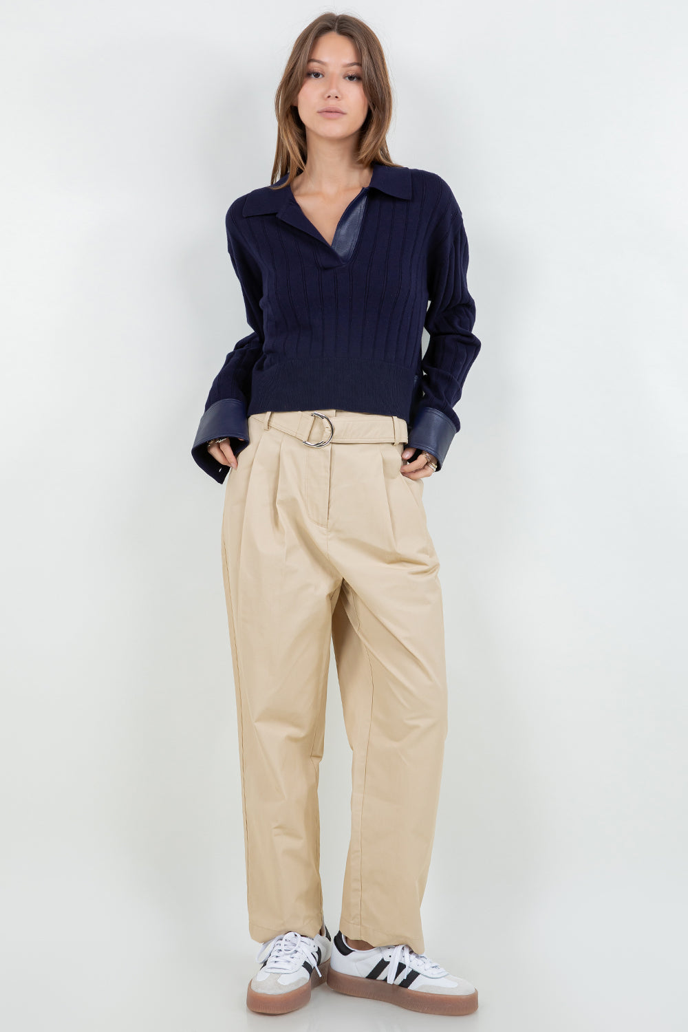 CONTRAST PU INSERTS KNITTED LONG SLEEVE SWEATER - NAVY