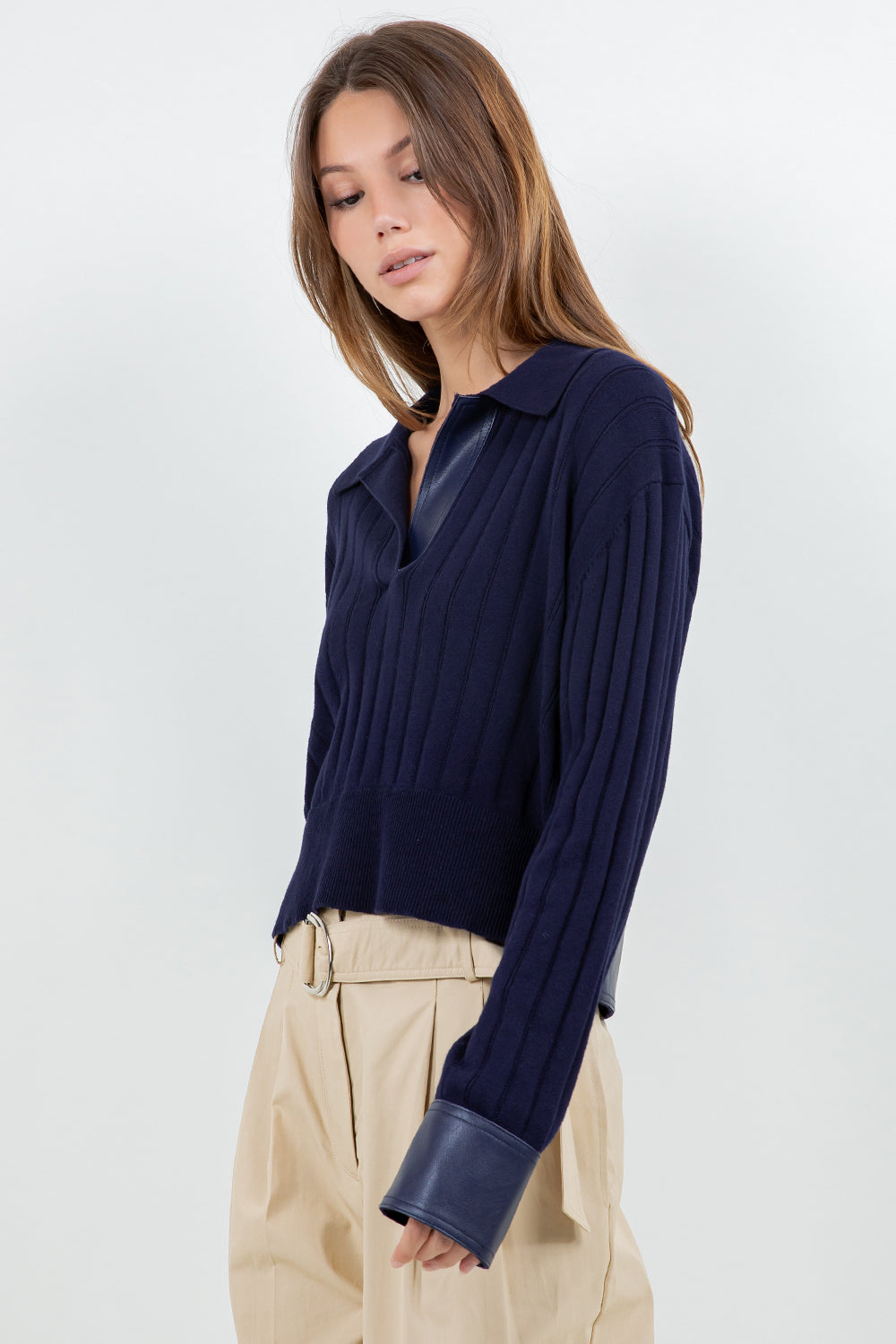 CONTRAST PU INSERTS KNITTED LONG SLEEVE SWEATER - NAVY