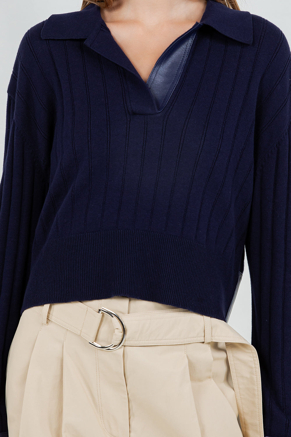 CONTRAST PU INSERTS KNITTED LONG SLEEVE SWEATER - NAVY