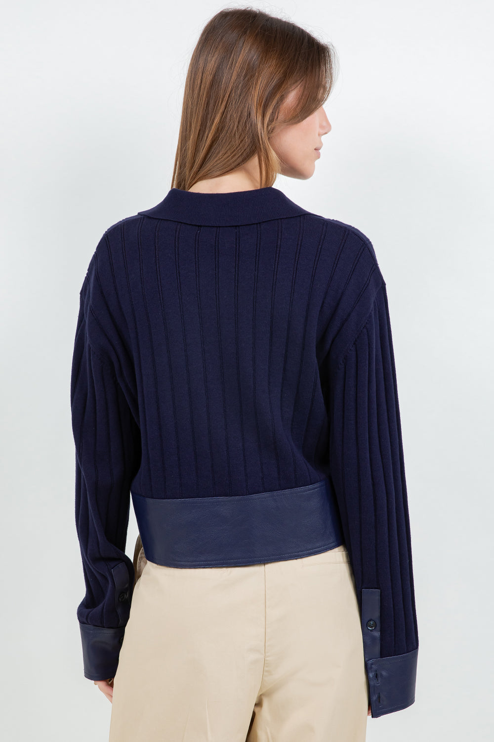 CONTRAST PU INSERTS KNITTED LONG SLEEVE SWEATER - NAVY