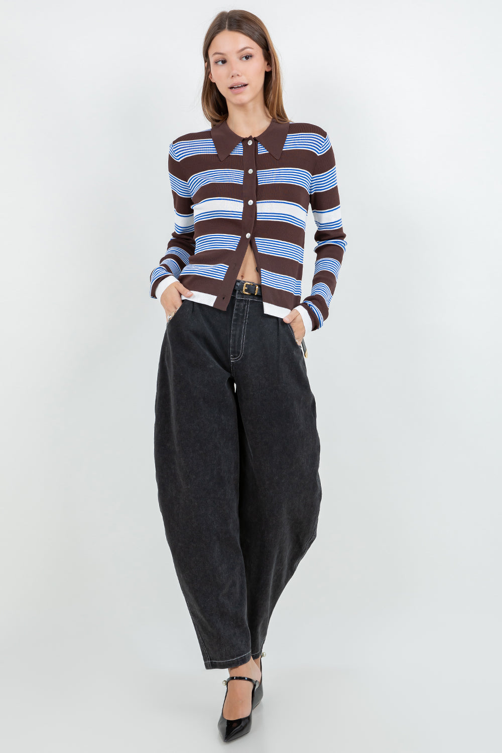 STRIPED LIGHTWEIGHT KNITTED CARDIGAN-BROWN/WHITE/BLUE