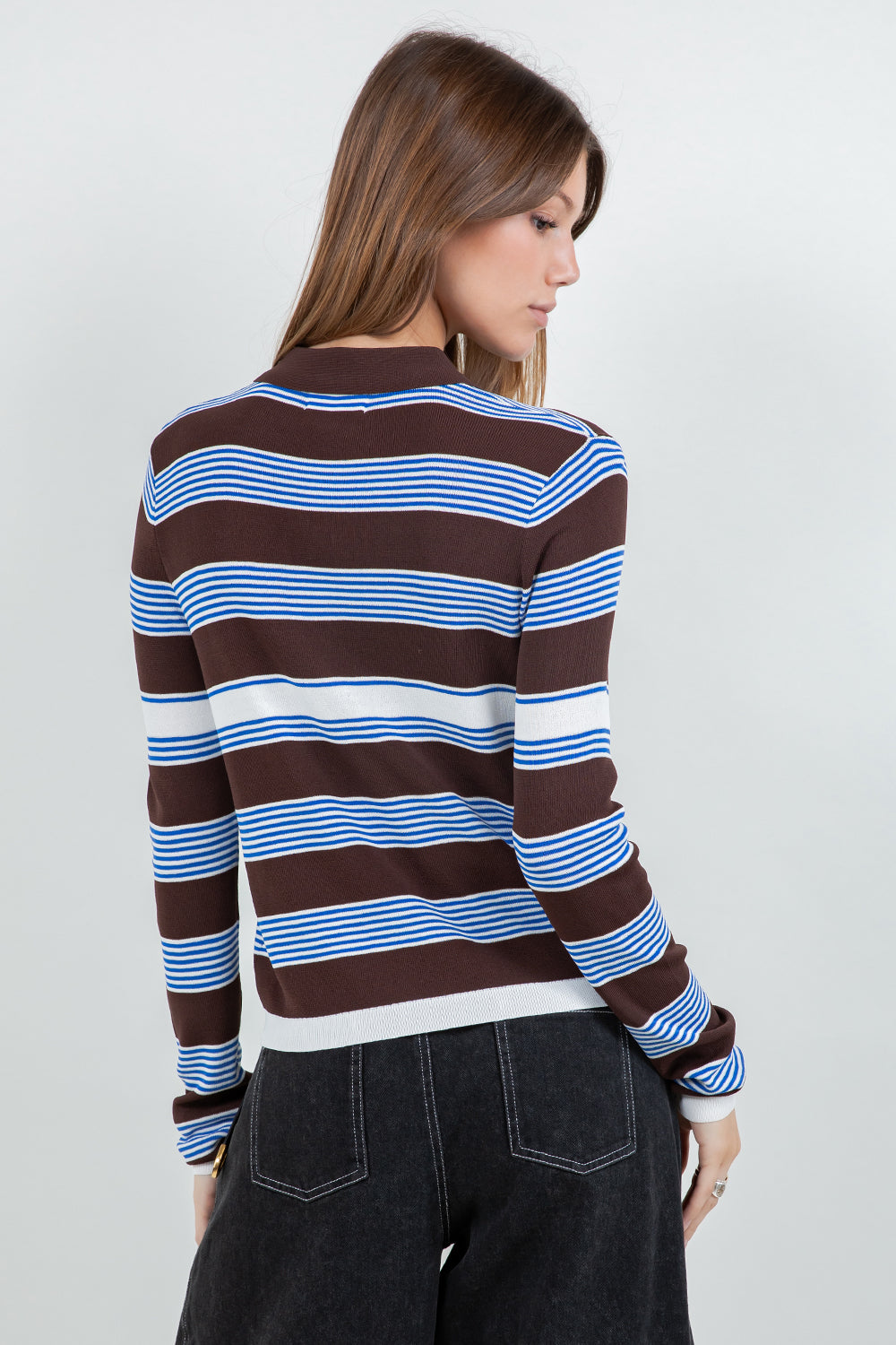 STRIPED LIGHTWEIGHT KNITTED CARDIGAN-BROWN/WHITE/BLUE