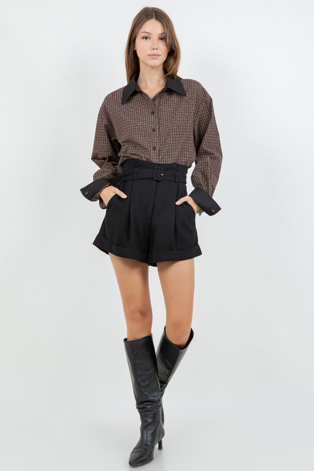 WOVEN PLAID BUTTON DOWN SHIRT WITH CONTRAST COLLAR - Whiteroom+Cactus