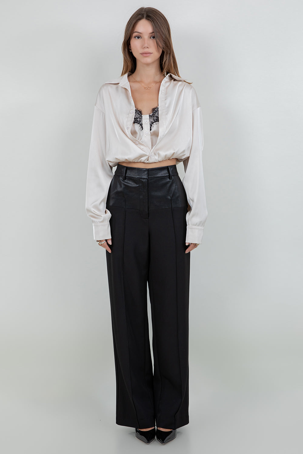 DOUBLE LAYER CAMI + BUTTON UP SATIN SHIRT WITH LACE ACCENT (Copy) - Whiteroom+Cactus