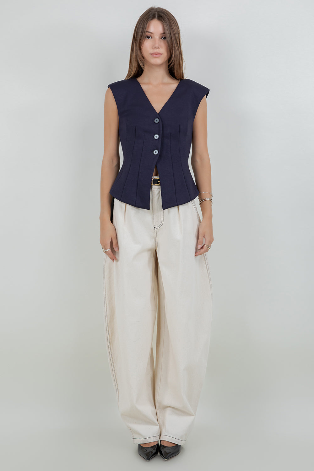 STRETCH PONTE KNIT FITTED BUTTON DOWN VEST - NAVY