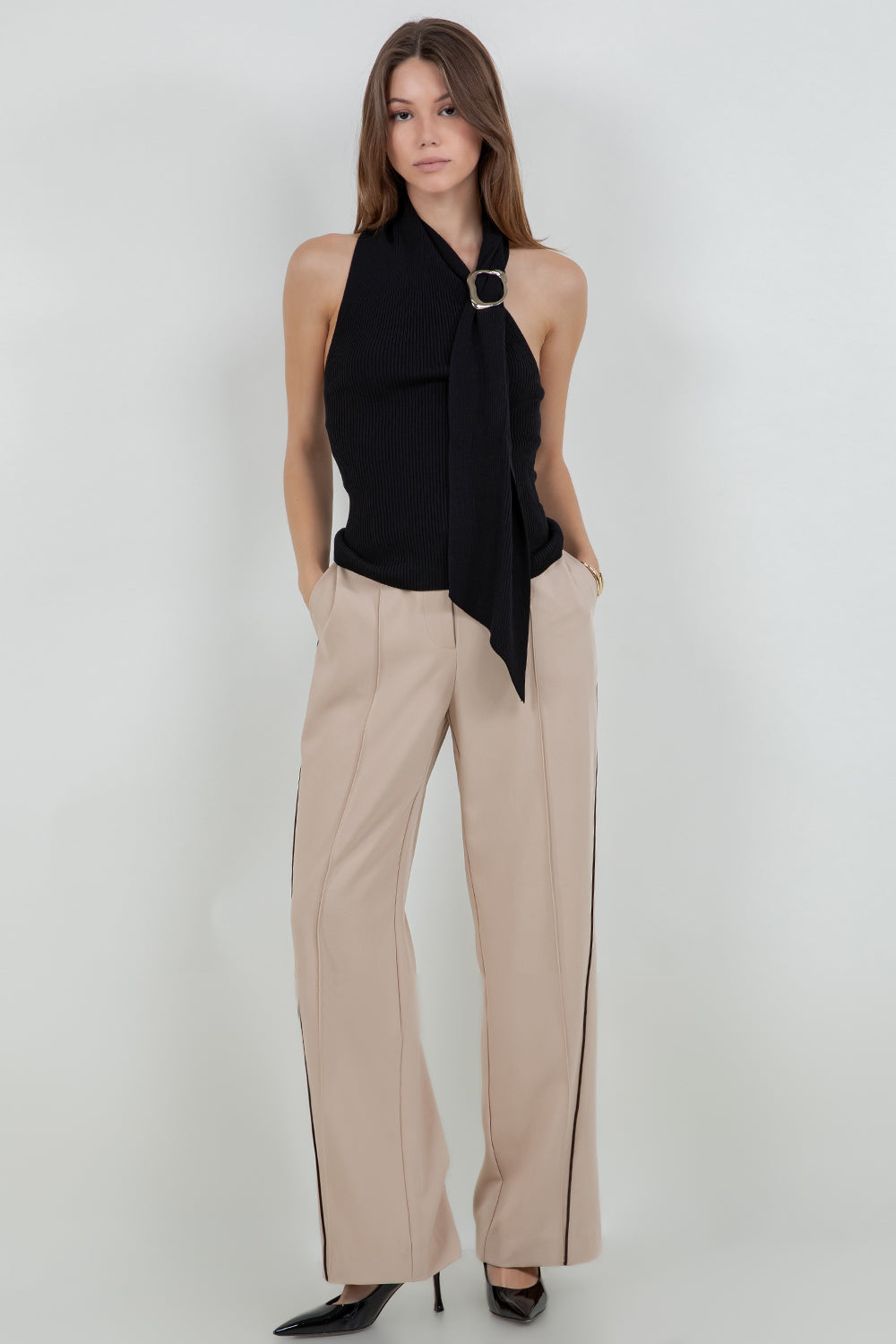 KNITTED ONE SHOULDER SCARF TOP - BLACK