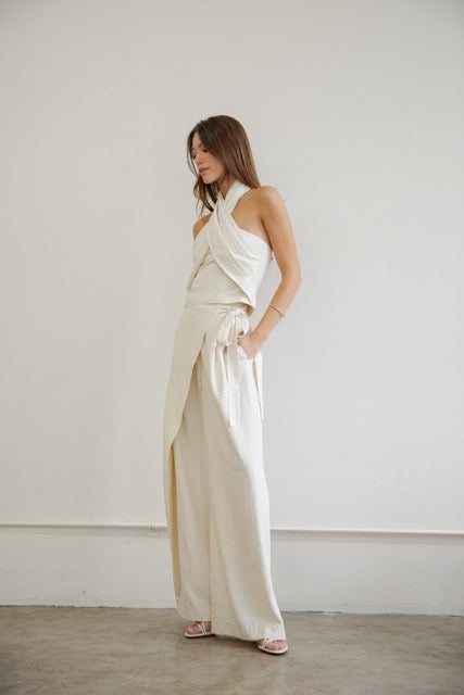 OVERLAP LAYER STRAIGHT LEG TROUSERS WITH PINSTRIPES