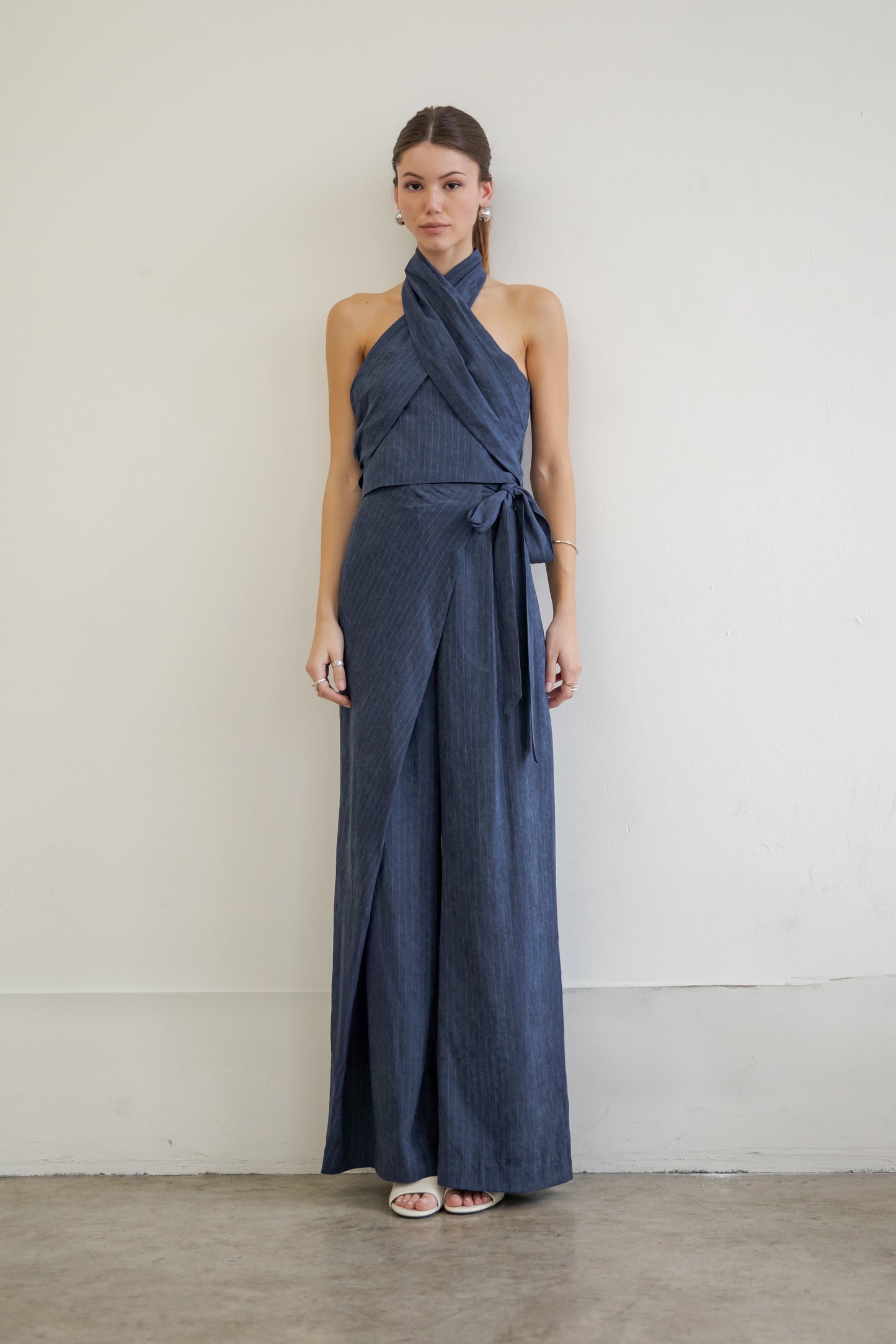 OVERLAP LAYER STRAIGHT LEG TROUSERS WITH PINSTRIPES