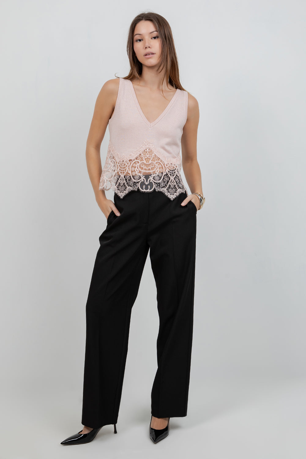 KNITTED SWEATER WITH LACE EDGE DETAILING