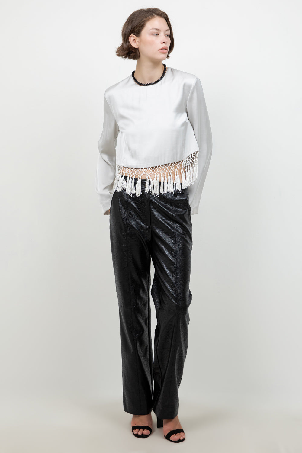 SATIN LONG SLEEVE BLOUSE WITH TASSEL ACCENT