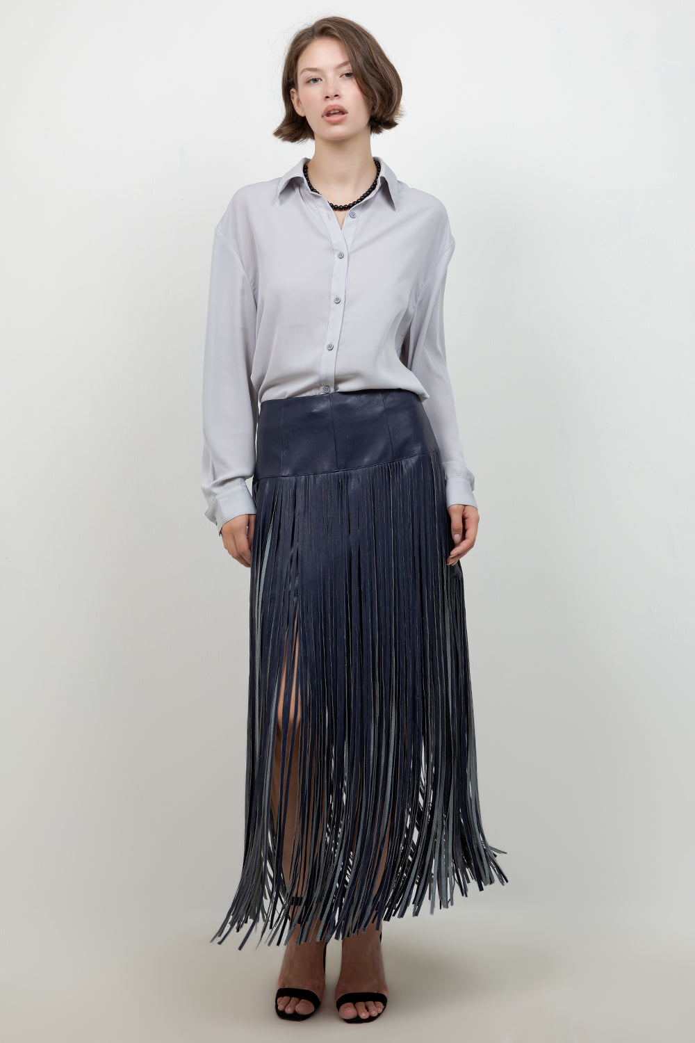 FAUX LEATHER PU SKIRT WITH FRINGE ACCENT DETAILS