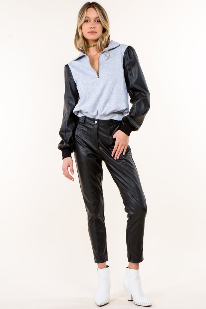 PU Combo Cotton Zip Pullover Top