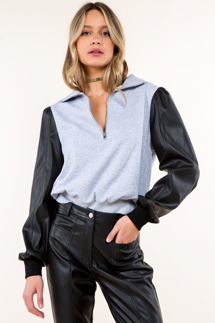 PU Combo Cotton Zip Pullover Top