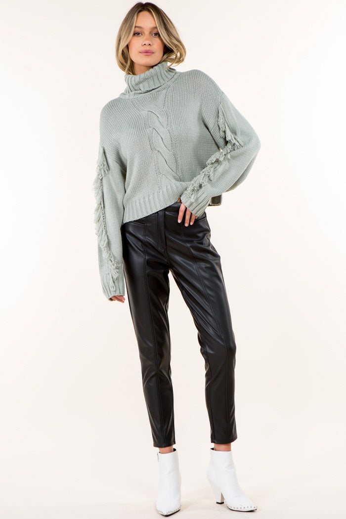 Fringe Detail High Neck Pullover Sweater