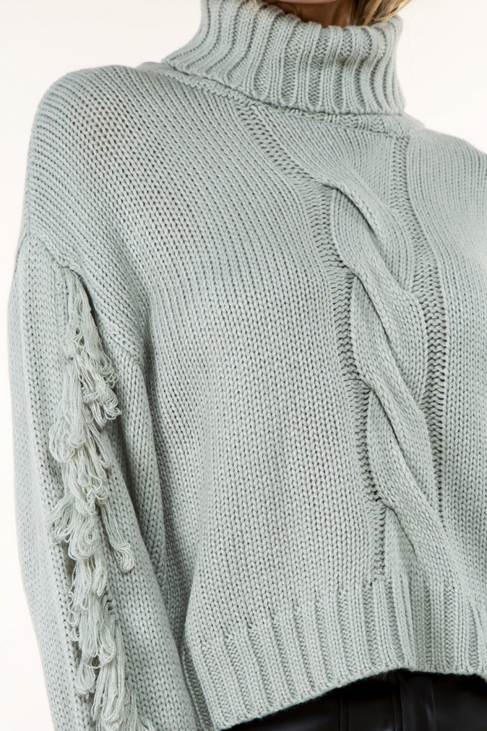 Fringe Detail High Neck Pullover Sweater