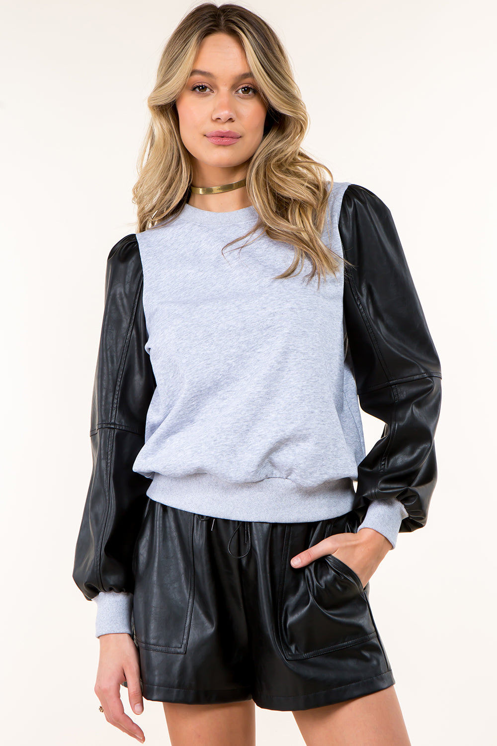 PU Combo Cotton Pullover Top
