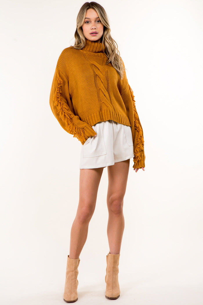 Fringe Detail High Neck Pullover Sweater