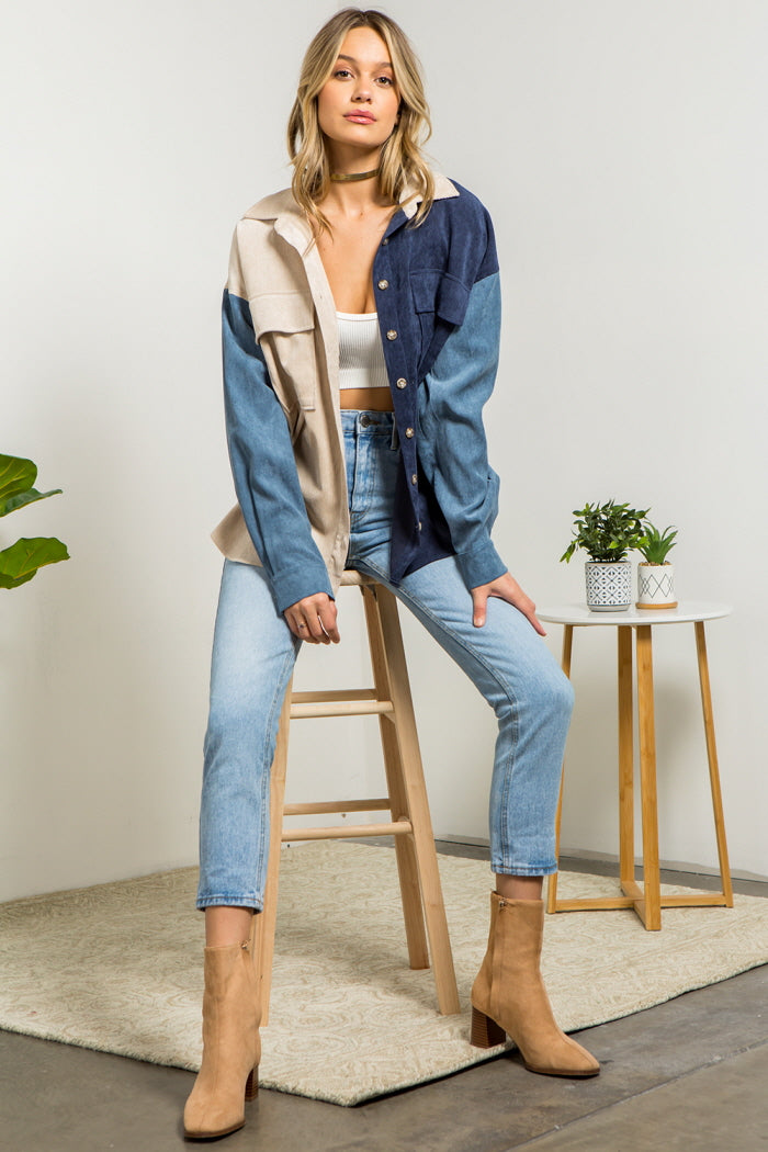 Soft Corduroy Color Block Shacket