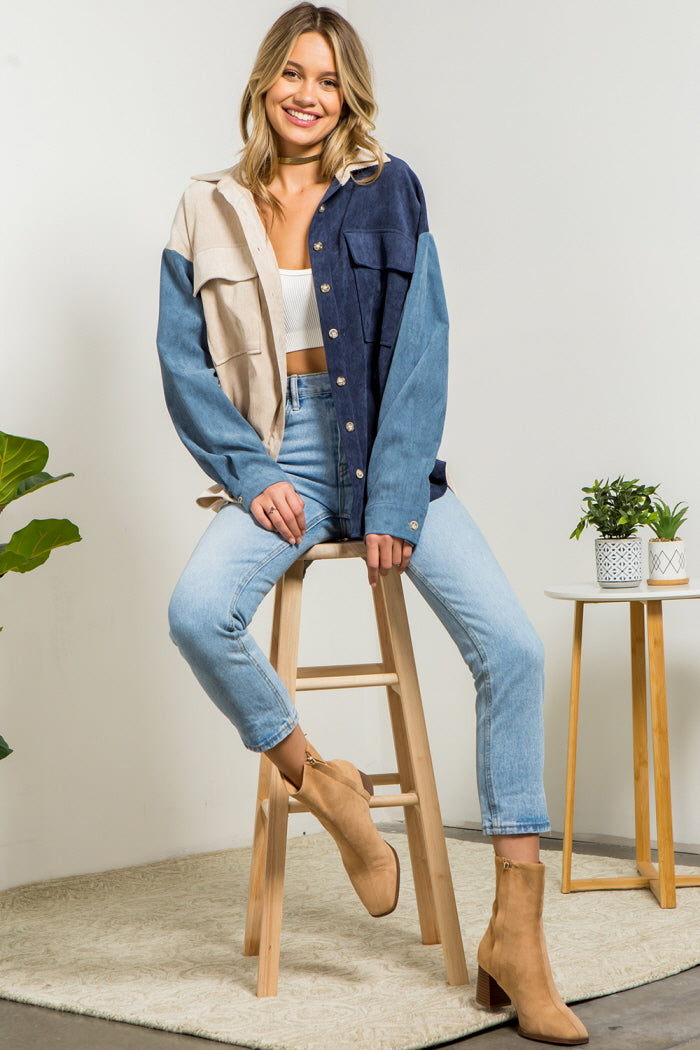 Soft Corduroy Color Block Shacket