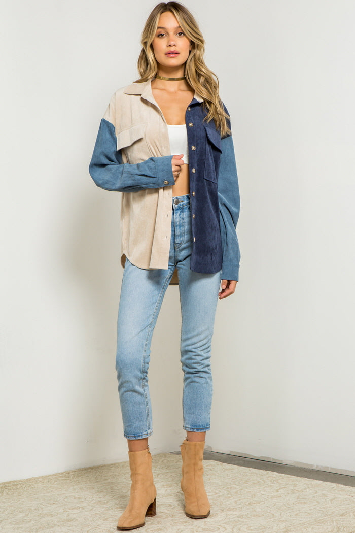 Soft Corduroy Color Block Shacket