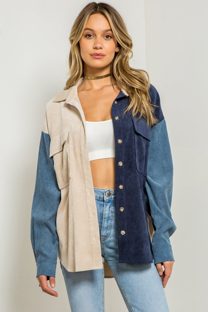 Soft Corduroy Color Block Shacket