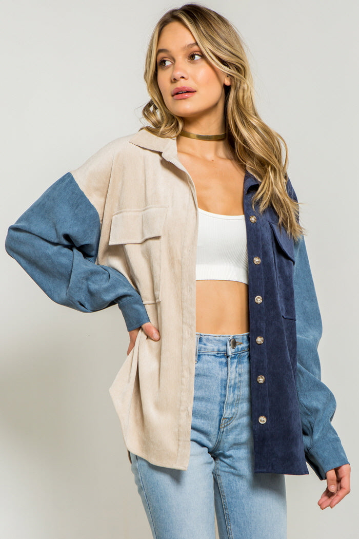 Soft Corduroy Color Block Shacket