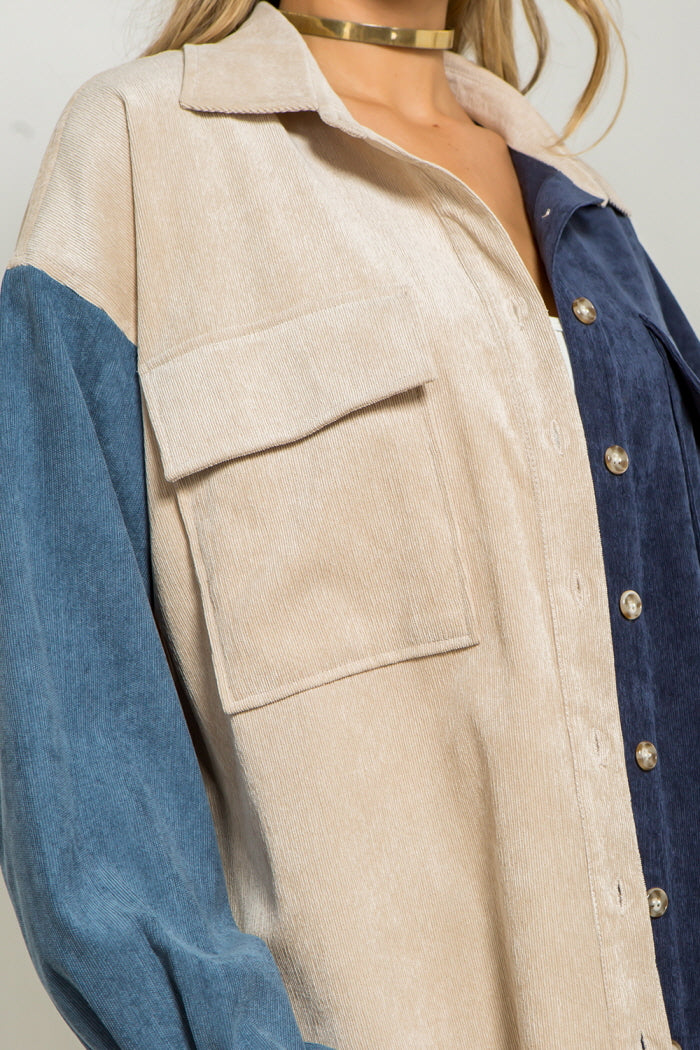 Soft Corduroy Color Block Shacket
