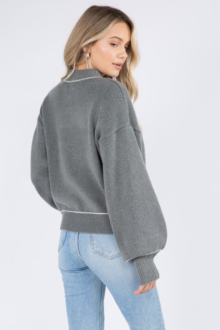 Pleated Sleeves Contrast Detail Sweater