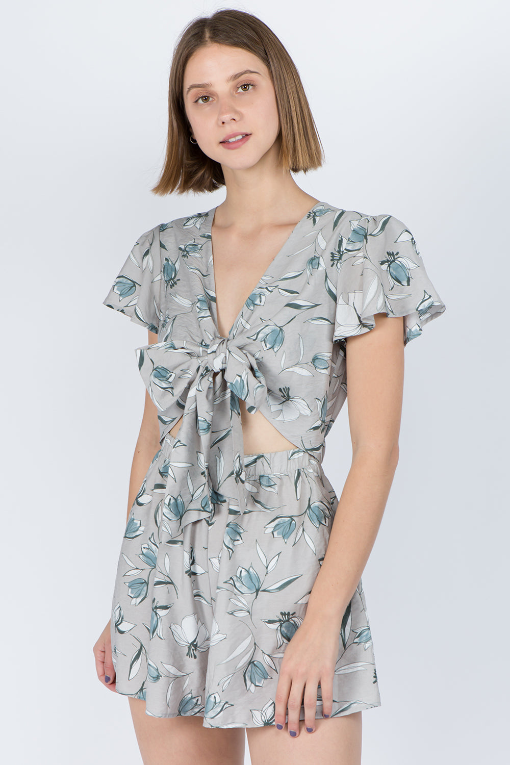 Grey Floral Tie Bust Romper - Whiteroom+Cactus