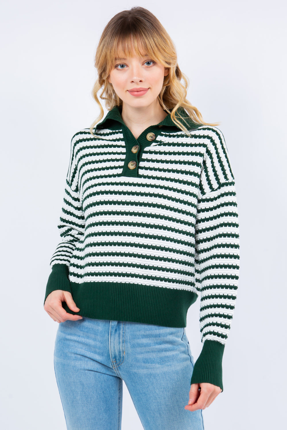 Striped High Neck Button Sweater
