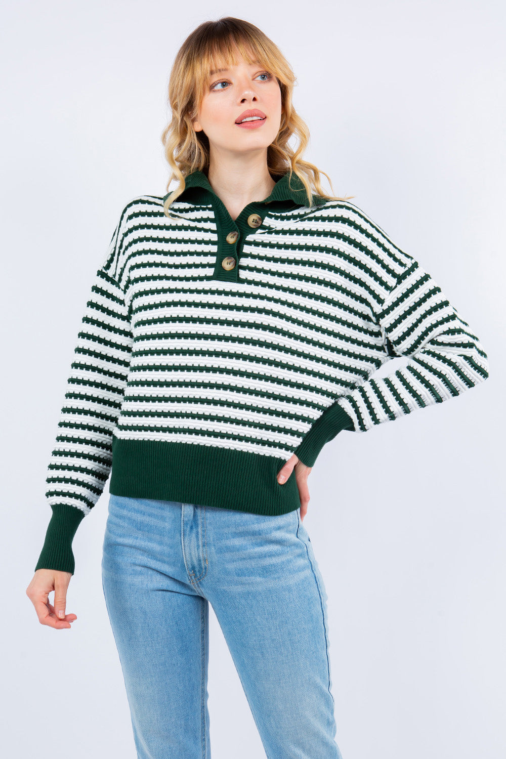 Striped High Neck Button Sweater