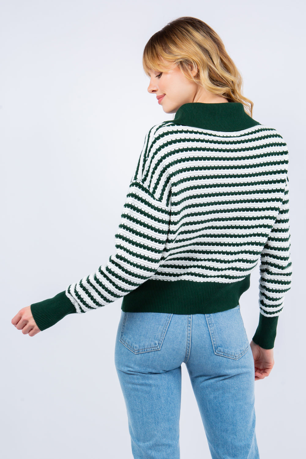 Striped High Neck Button Sweater