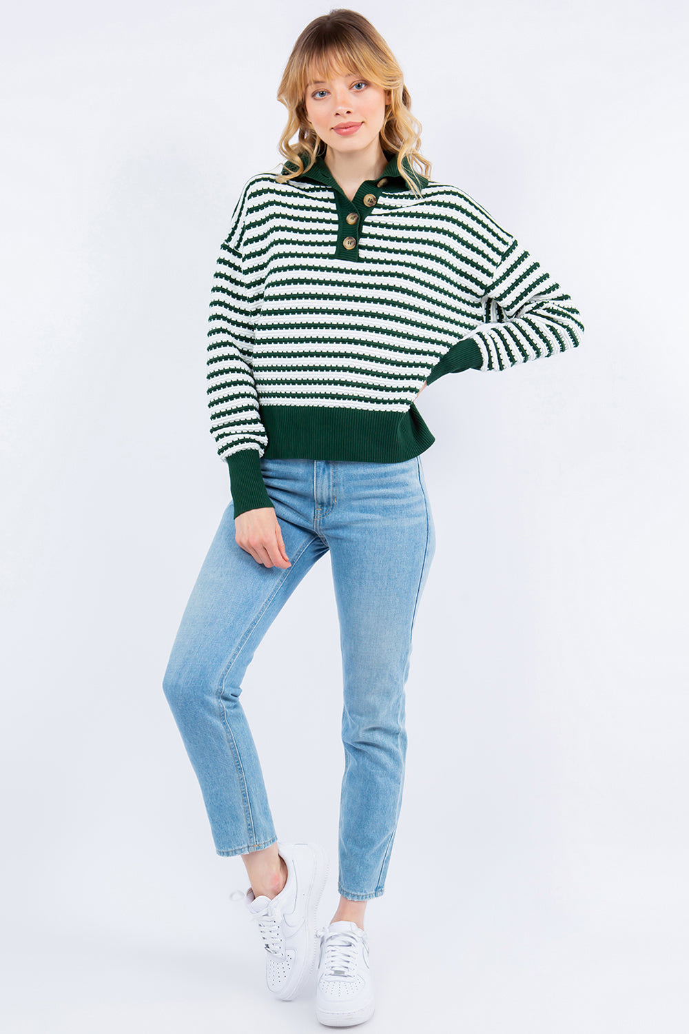 Striped High Neck Button Sweater