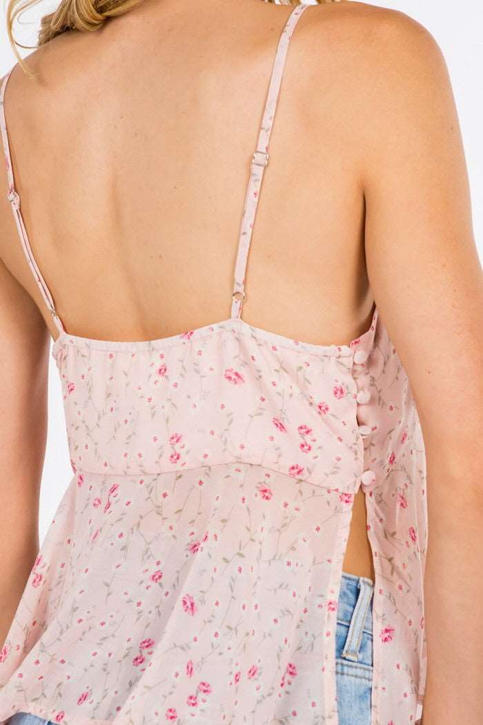 Ditsy Floral Side Button Detail Tank Top Pink Floral