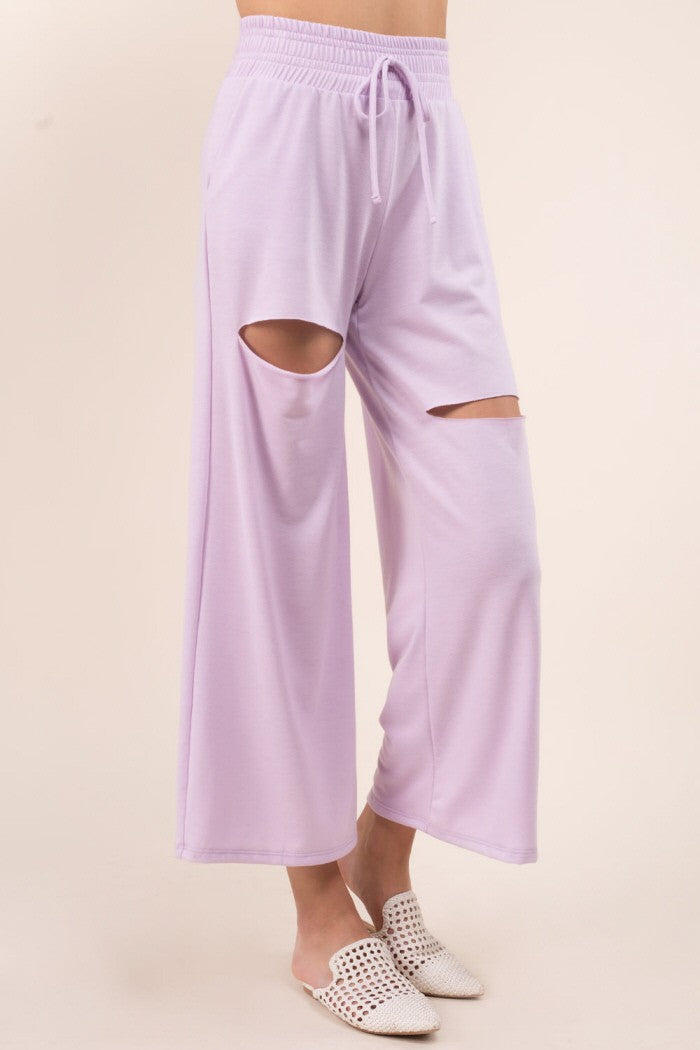 French Terry Cut Out Wide Leg Pants Lavender