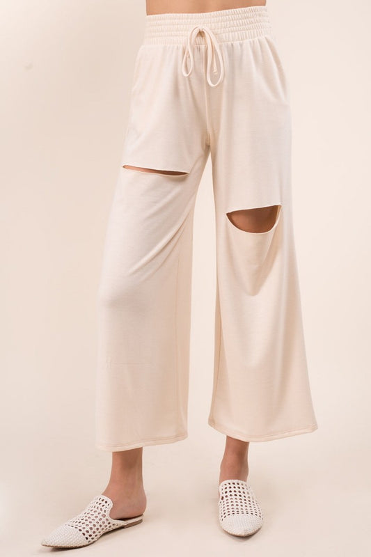 French Terry Cut Out Wide Leg Pants Cream