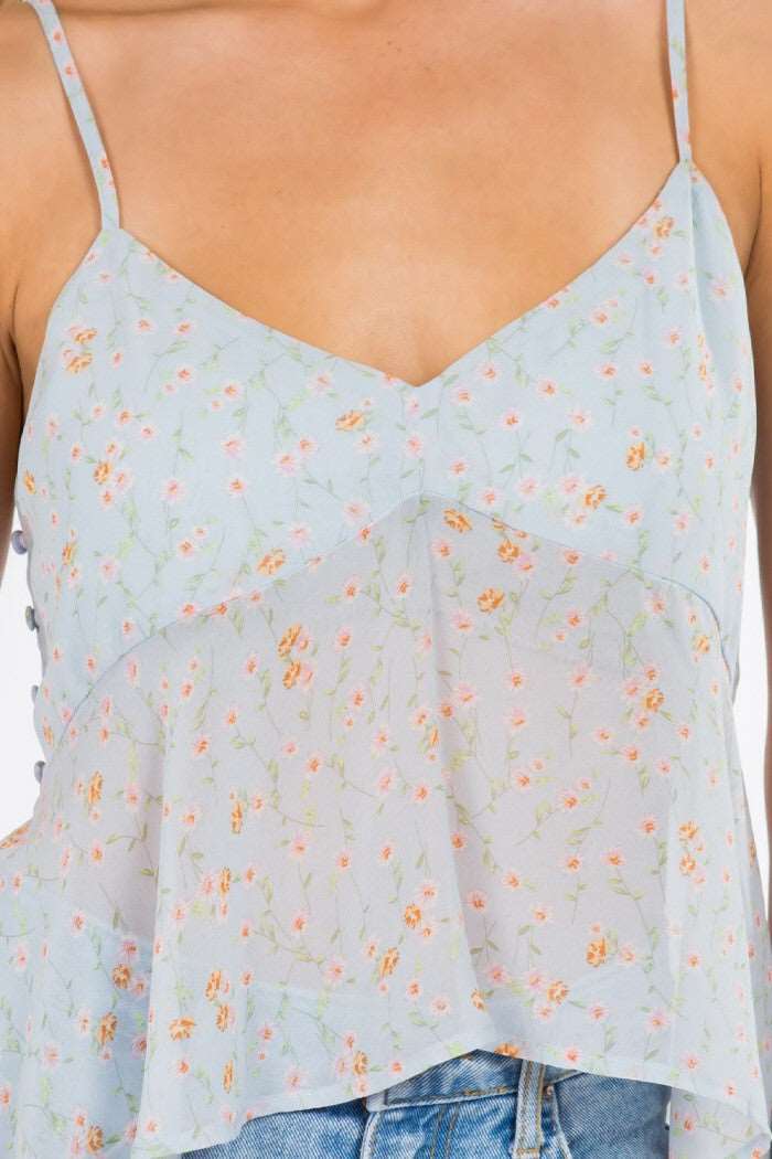 Ditsy Floral Side Button Detail Tank Top Blue
