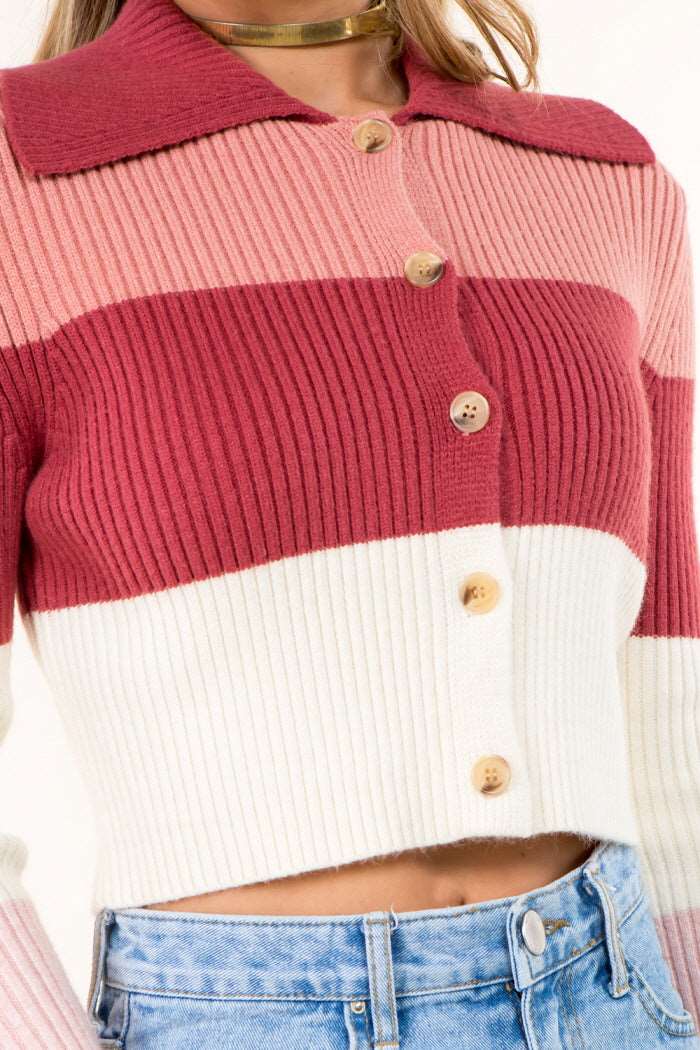 Color Block Button Down Knitted Cardigan