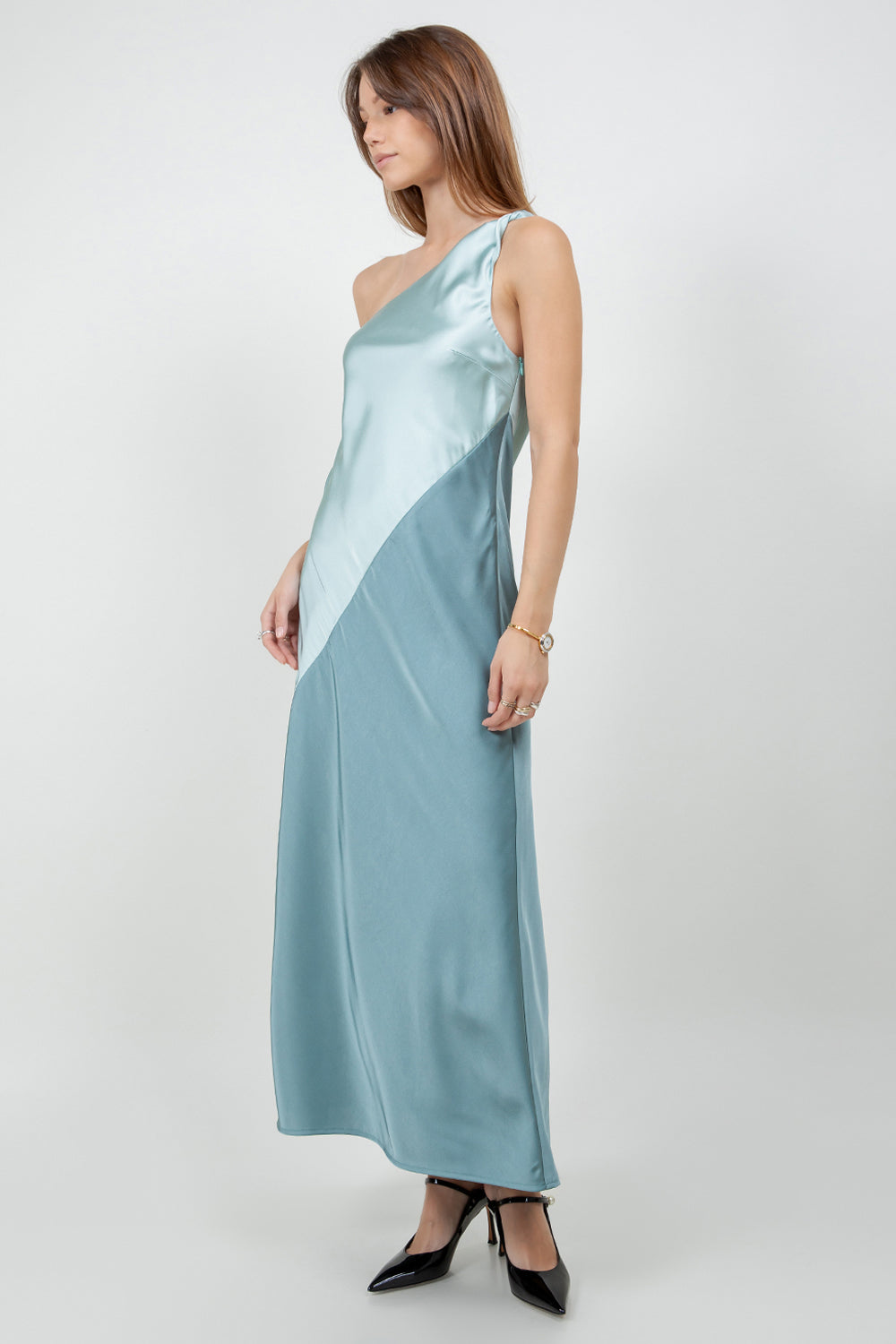 CONTRAST MIX ONE SHOULDER SATIN MAXI DRESS - SAGE/JADE