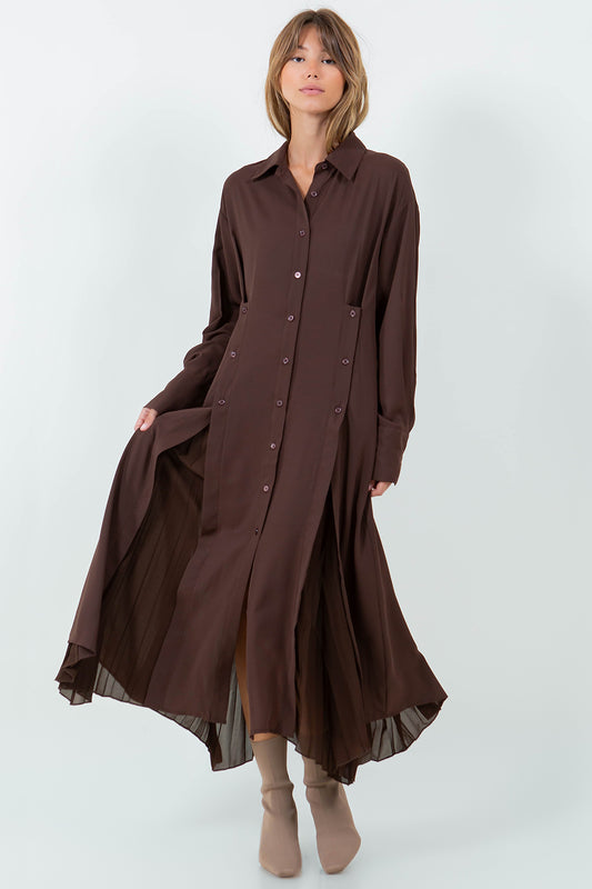 PLEATING DETAILED MULTI BUTTON WEAR SHIRT DRESS - BROWN