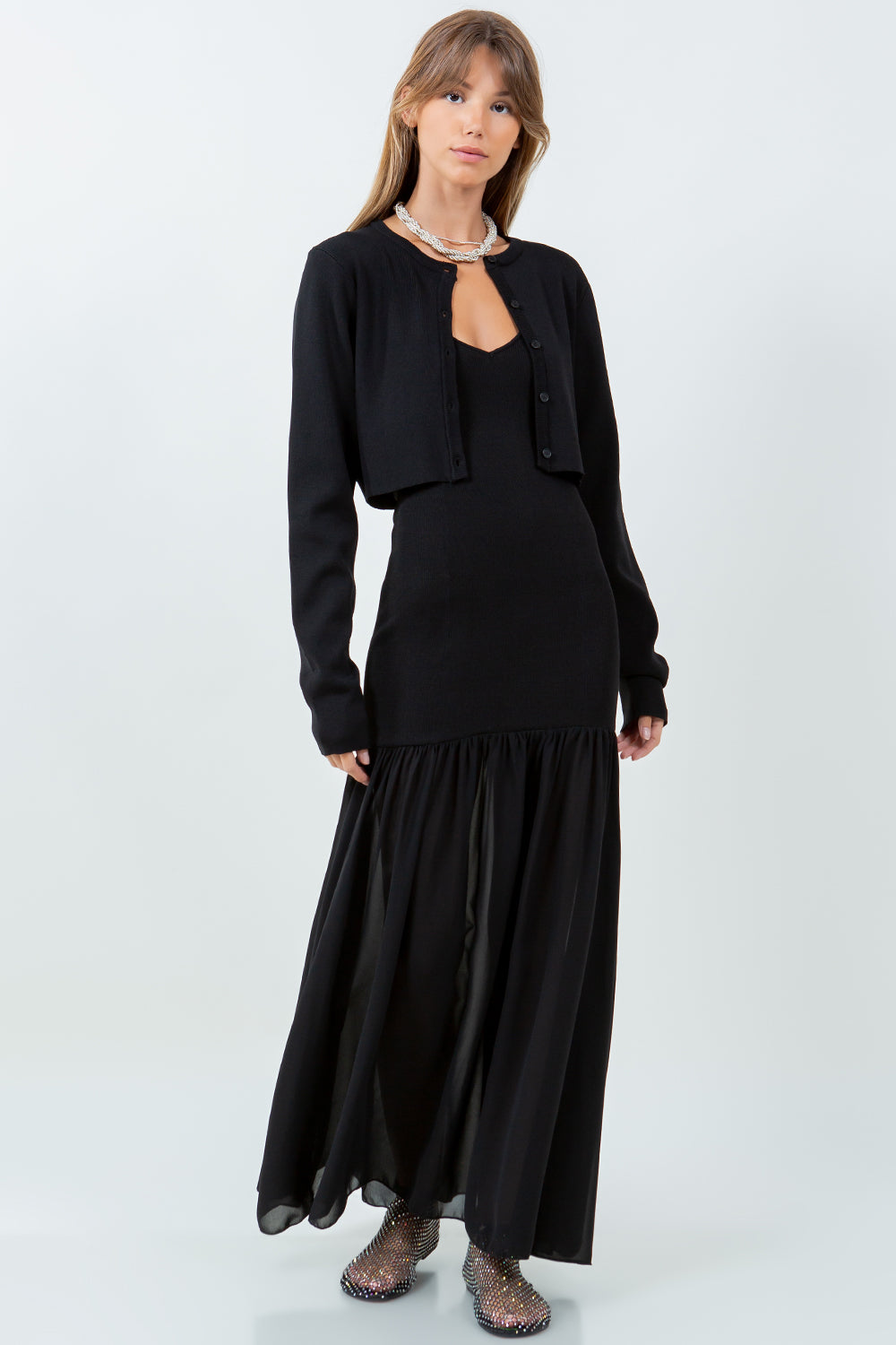 DETACHABLE CARDIGAN WITH CHIFFON MIX KNITTED DRESS - BLACK